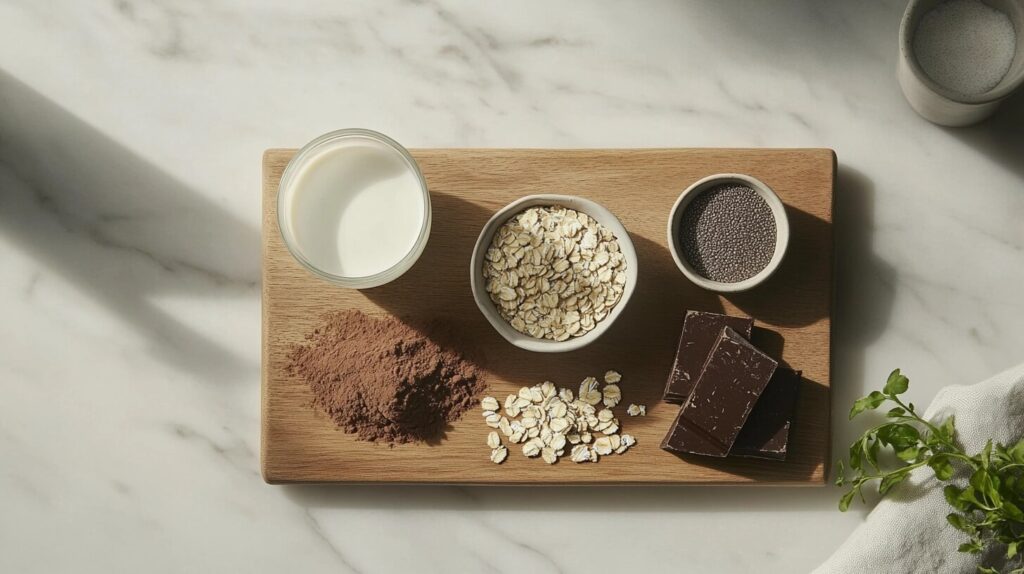 Overnight Oats Chocolade Ingrediënten voor het recept.